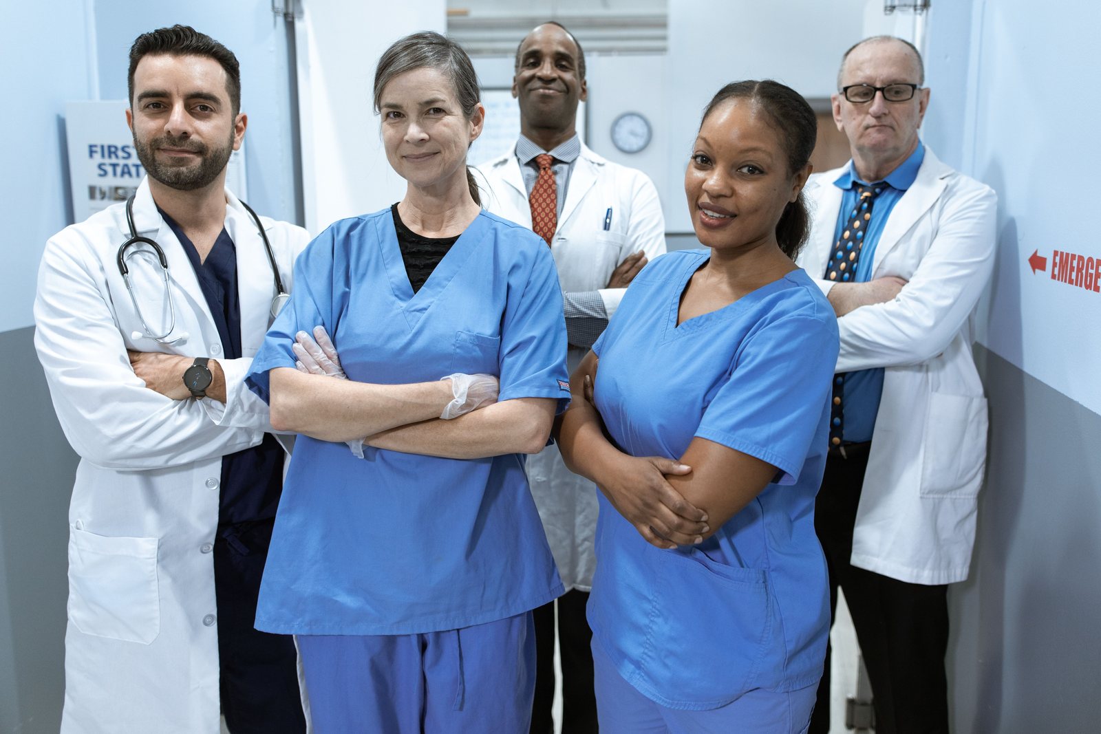 A diverse team of healthcare professionals in a hospital
